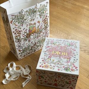 Dior Empty White Box and Shopping bag with Colorful Floral Design and ribbon